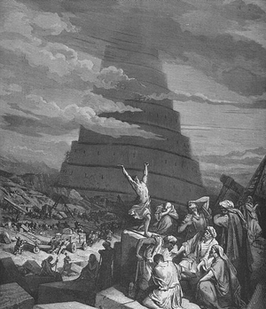 According to one Biblical account, the observed variety of human languages originated at the Tower of Babel with the confusion of tongues. (Image from  Gustave Doré's Illustrated Bible).